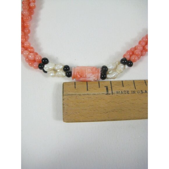 Vintage Coral Carved Bead Necklace Multi Strand Fresh Water Pearls 25 inch - Picture 4 of 13